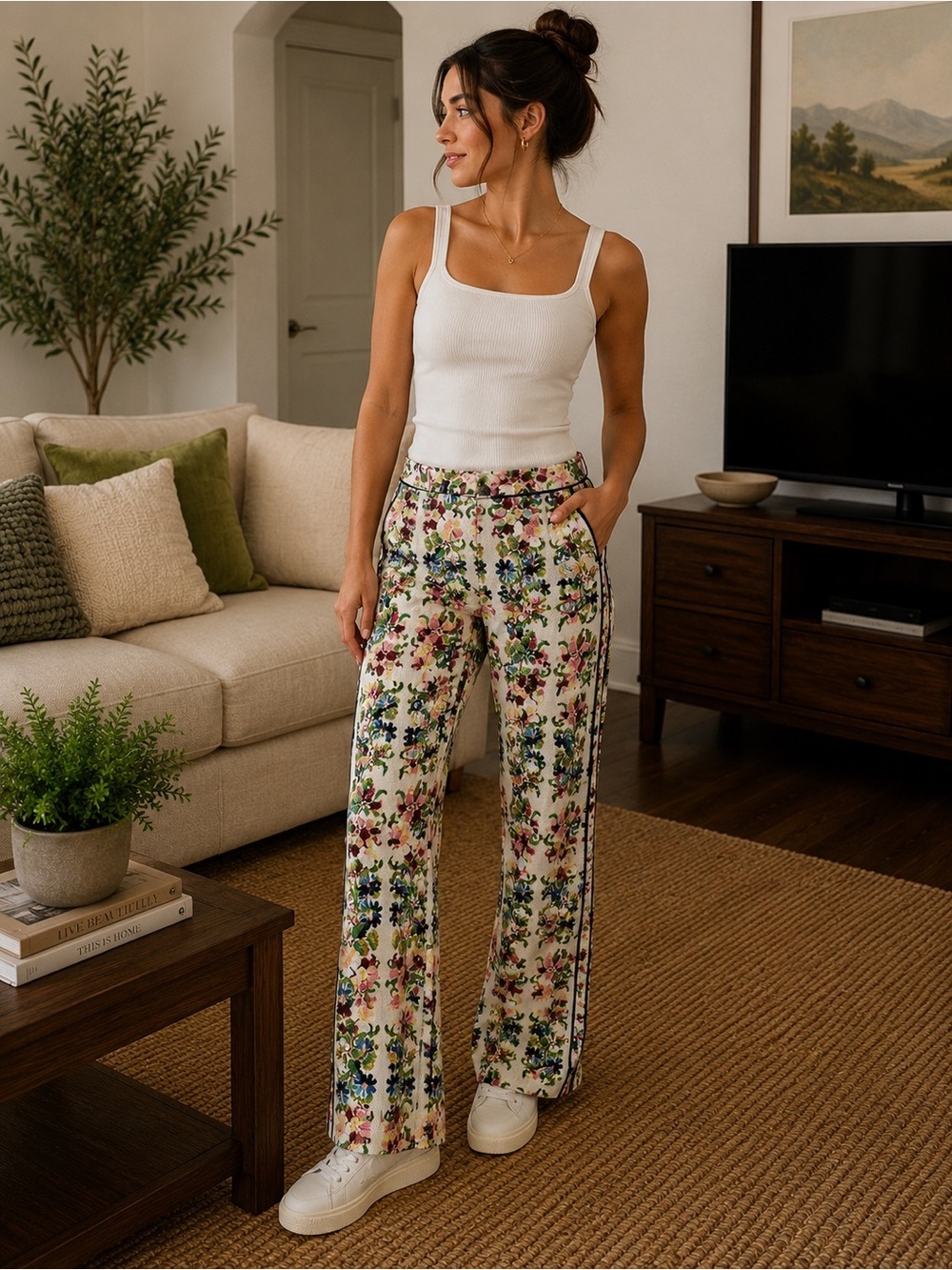 Topshop Cream Floral Pants with Side Stripe size 2
